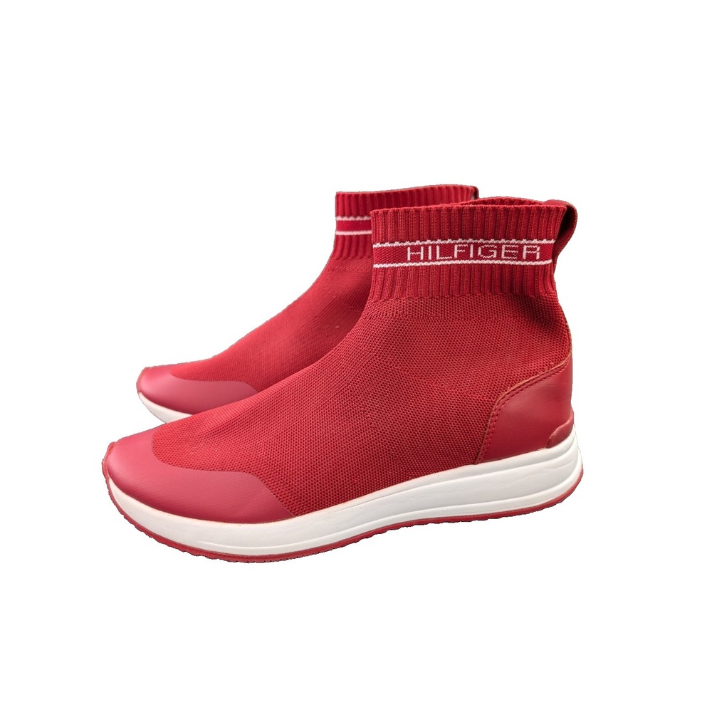 Tommy Hilfiger High Top Sock Sneaker Womens 7.5 Red Slip On Knit Casual TW Reco